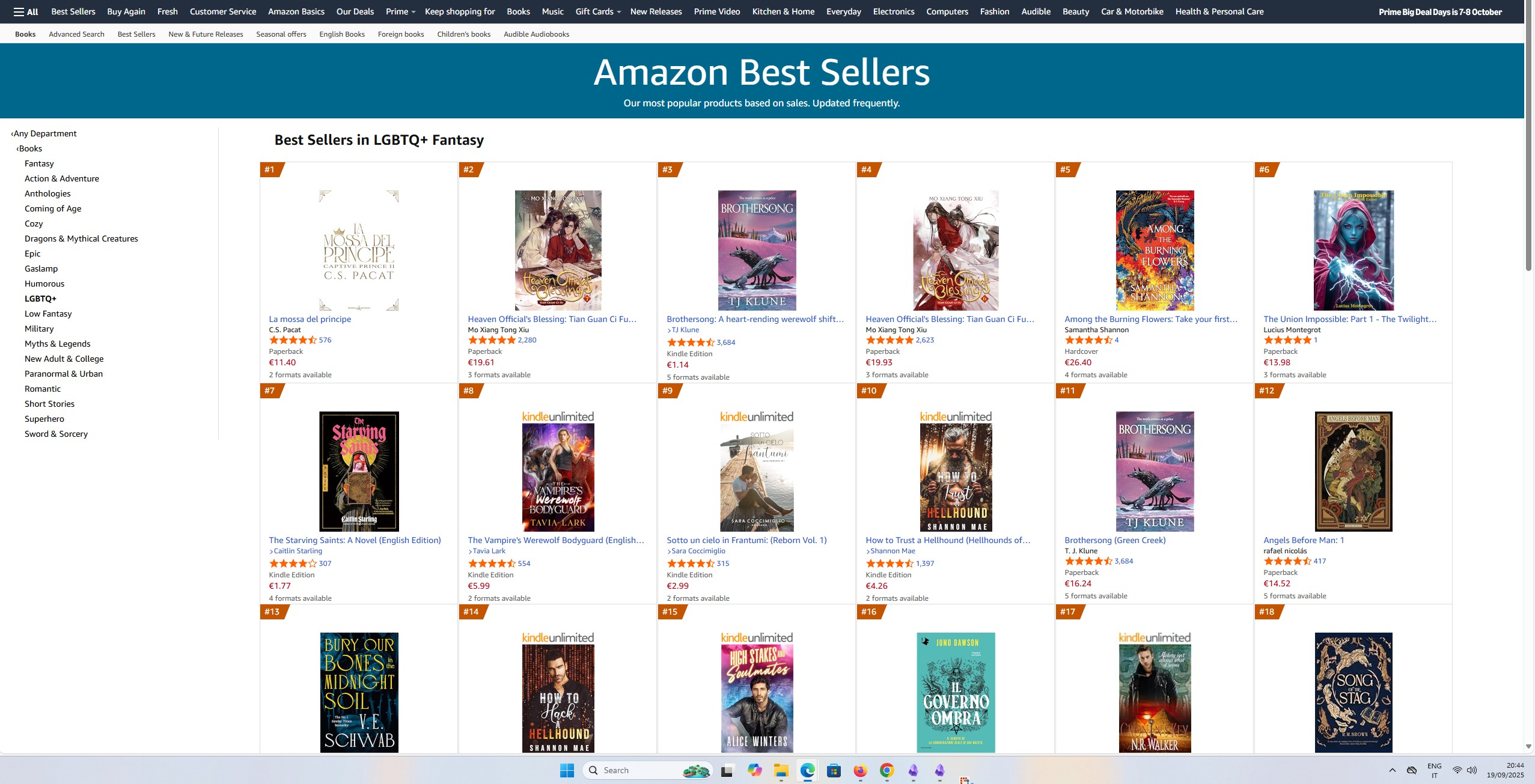 Screenshot: #6 in Amazon.it LGBTQ+ Fantasy (19 Sep 2025)